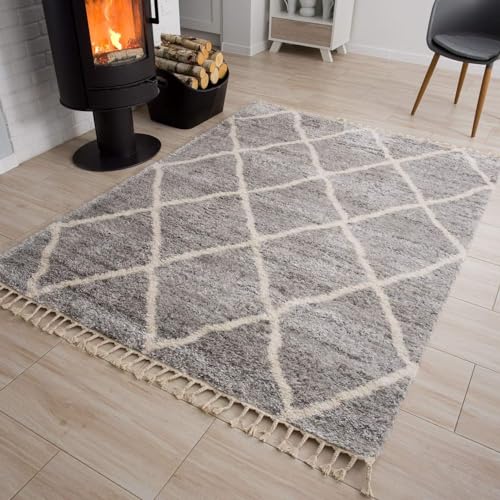 TAPISO Versay Teppich Shaggy Grau Creme Boho Fransen Modern Geometrisch Rautenmuster Hochflor Langflor Wohnzimmer Schlafzimmer ÖKOTEX 160 x 220 cm von TAPISO