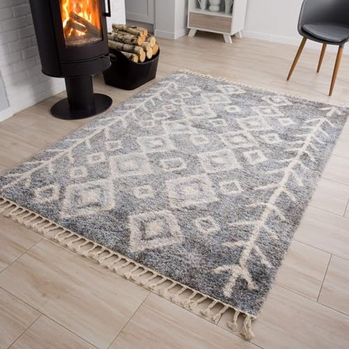 TAPISO Versay Teppich Shaggy Grau Creme Fransen Modern Ethno Design Karo Muster Boho Hochflor Langflor Wohnzimmer Schlafzimmer ÖKOTEX 200 x 300 cm von TAPISO