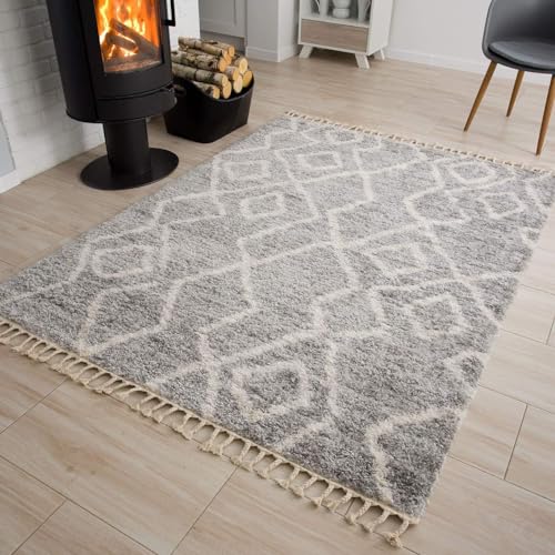 TAPISO Versay Teppich Shaggy Hellgrau Creme Fransen Modern Abstrakt Streifen Boho Weich Hochflor Langflor Wohnzimmer Schlafzimmer ÖKOTEX 200 x 300 cm von TAPISO