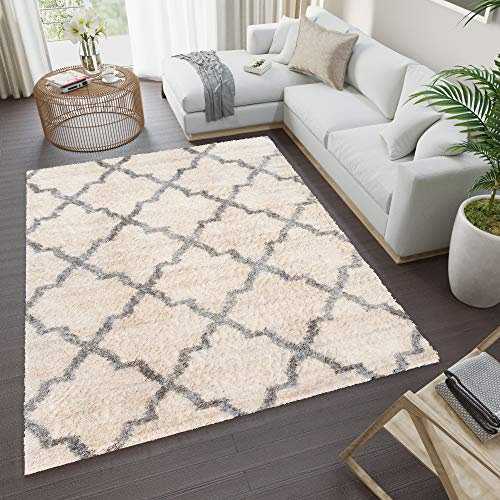 TAPISO Versay Teppich Shaggy Hochflor Langflor Creme Hellgrau Marokkanisch Geometrisch Modern Design Wohnzimmer Schlafzimmer ÖKOTEX 140 x 200 cm von TAPISO