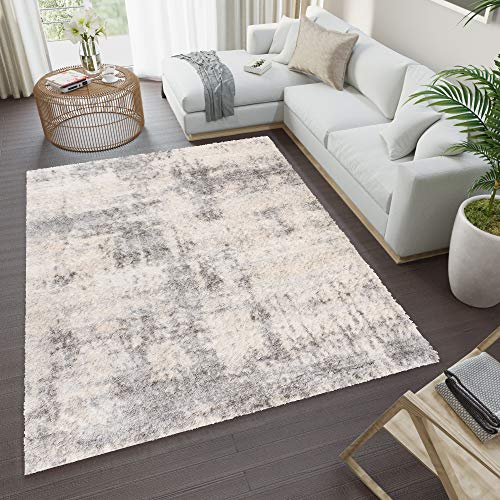 TAPISO Versay Teppich Shaggy Langflor Hochflor Creme Grau Modern Design Splash Leinwand Optik Meliert Wohnzimmer Schlafzimmer ÖKOTEX 200 x 300 cm von TAPISO