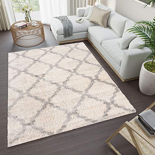 TAPISO Versay Teppich Shaggy Langflor Hochflor Creme Hellgrau Modern Geometrisch Marokkanisch Gitter Design Meliert Wohnzimmer ÖKOTEX 200 x 300 cm von TAPISO