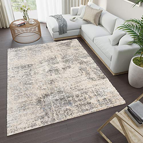 TAPISO Versay Teppich Shaggy Langflor Hochflor Modern Design Creme Hellgrau Splash Leinwand Optik Meliert Wohnzimmer Schlafzimmer ÖKOTEX 200 x 300 cm von TAPISO