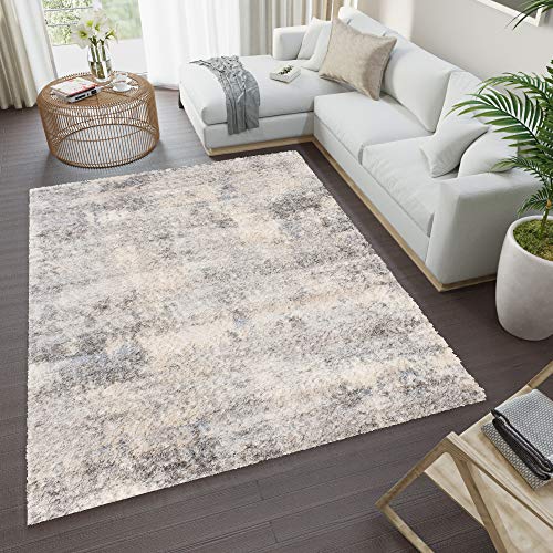 TAPISO Versay Teppich Shaggy Langflor Hochflor Modern Grau Creme Splash Design Leinwand Optik Meliert Wohnzimmer Schlafzimmer ÖKOTEX 200 x 300 cm von TAPISO