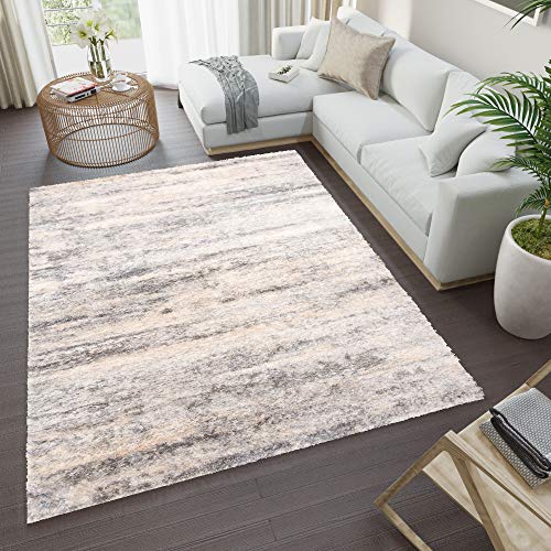 TAPISO Versay Teppich Shaggy Langflor Hochflor Verwischt Meliert Creme Grau Modern Streifen Design Wohnzimmer Schlafzimmer ÖKOTEX 200 x 300 cm von TAPISO