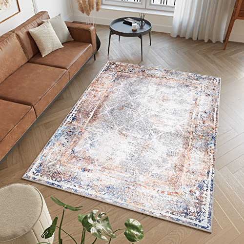 TAPISO Victoria Bedruckter Teppich rutschfest Blau Kupfer Vintage Verwischt Meliert Modern Design Wohnzimmer Schlafzimmer ÖKOTEX 120 x 170 cm von TAPISO