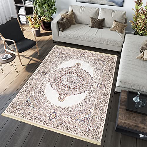 TAPISO Victoria Teppich Kurzflor rutschfest Waschbar Creme Bunt Ornament Bordüre Fransen Traditionell Fransenteppich Wohnzimmer Schlafzimmer ÖKOTEX 120 x 170 cm von TAPISO