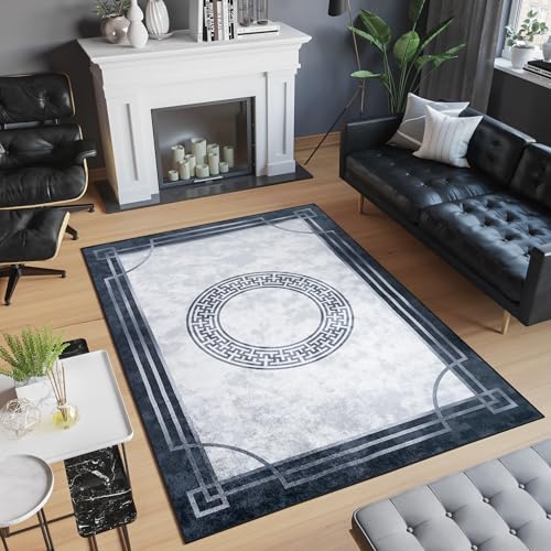 TAPISO Victoria Teppich Kurzflor rutschfest Waschbar Grau Creme Griechisches Muster Bordüre Traditionell Wohnzimmer Schlafzimmer ÖKOTEX 160 x 230 cm von TAPISO