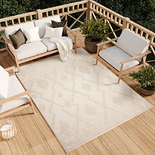 TAPISO Viera Teppich Outdoor Creme Figuren Loop-Teppich Terasse Balkon Indoor Wasserabweisend Strapazierfähig UV-Beständig ÖKO-TEX 140 x 200 cm von TAPISO