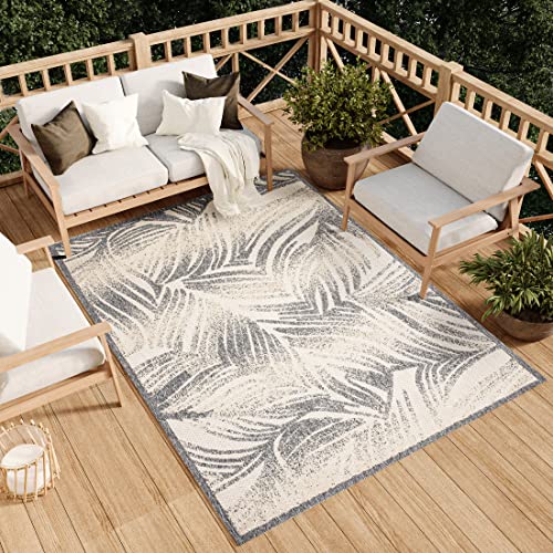 TAPISO Viera Teppich Outdoor Creme Grau Palmen Loop-Teppich Terasse Balkon Indoor Wasserabweisend Strapazierfähig UV-Beständig ÖKO-TEX 160 x 220 cm von TAPISO