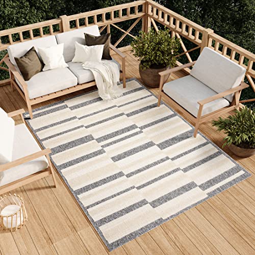 TAPISO Viera Teppich Outdoor Indoor Creme Grau Modern Design Sisal Optik Terasse Balkon Loop Teppich Strapazierfähig UV-Beständig ÖKO-TEX 140 x 200 cm von TAPISO