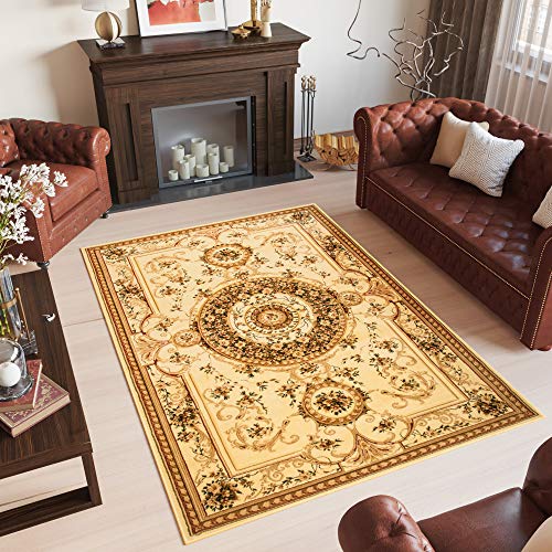 TAPISO Yesemek Klassisch Teppich Kurzflor Wohnzimmer Orientalisch Floral Medaillon Muster Bordüre Creme Beige Barock Design ÖKOTEX 70 x 140 cm von TAPISO