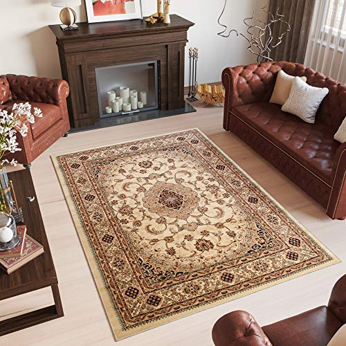 TAPISO Yesemek Klassisch Teppich Kurzflor Wohnzimmer Orientalisch Ziegler Floral Medaillon Muster Bordüre Creme Beige Barock Design ÖKOTEX 150 x 295 cm von TAPISO