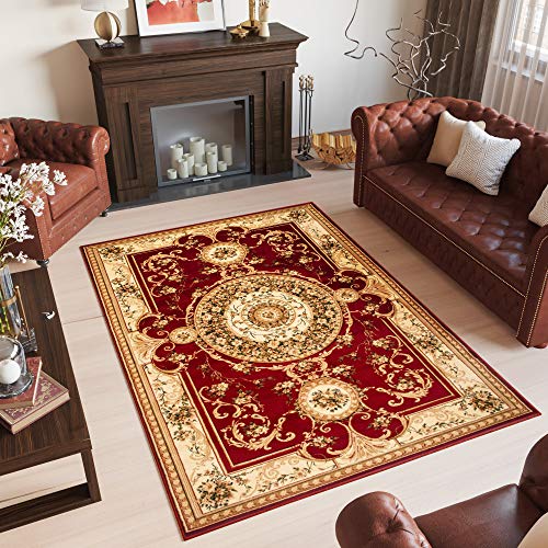 TAPISO Yesemek Klassisch Teppich Kurzflor Wohnzimmer Schlafzimmer Orientalisch Floral Medaillon Muster Bordüre Rot Creme Barock Design ÖKOTEX 250 x 300 cm von TAPISO