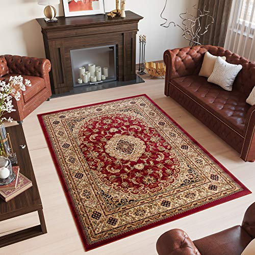 TAPISO Yesemek Klassisch Teppich Kurzflor Wohnzimmer Schlafzimmer Orientalisch Ziegler Floral Medaillon Muster Bordüre Rot Beige Barock ÖKOTEX 60 x 100 cm von TAPISO