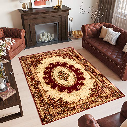 TAPISO Yesemek Teppich Klassisch Kurzflor Wohnzimmer Orientalisch Floral Medaillon Muster Bordüre Rot Beige Creme Barock Design ÖKOTEX 60 x 100 cm von TAPISO