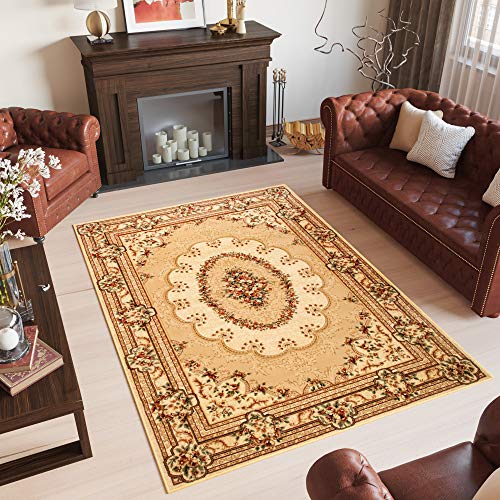 TAPISO Yesemek Teppich Klassisch Kurzflor Wohnzimmer Orientalisch Medaillon Muster Bordüre Braun Beige Creme Barock Design ÖKOTEX 250 x 350 cm von TAPISO