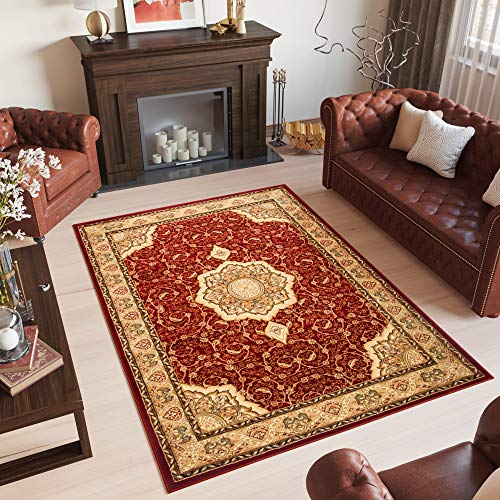 TAPISO Yesemek Teppich Klassisch Kurzflor Wohnzimmer Orientalisch Rot Beige Gemustert Floral Ziegler Ornament Bordüre Barock Design ÖKOTEX 120 x 170 cm von TAPISO