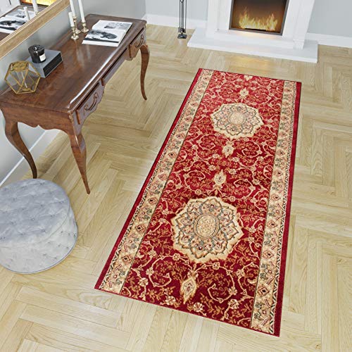 TAPISO Yesemek Teppich Läufer Flur Brücke Kurzflor Klassisch Floral Medaillon Ornament Muster Rot Creme Korridor Wohnzimmer ÖKOTEX 100 x 550 cm von TAPISO