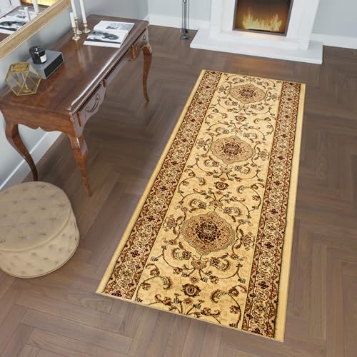 TAPISO Yesemek Teppich Läufer Flur Brücke Kurzflor Klassisch Floral Medaillon Rahmen Muster Creme Braun Beige Korridor Wohnzimmer ÖKOTEX 70 x 310 cm von TAPISO