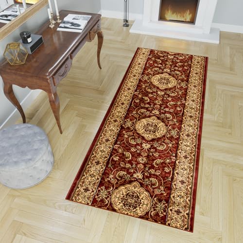 TAPISO Yesemek Teppich Läufer Flur Brücke Kurzflor Klassisch Floral Medaillon Rahmen Muster Rot Braun Beige Korridor Wohnzimmer ÖKOTEX 60 x 600 cm von TAPISO