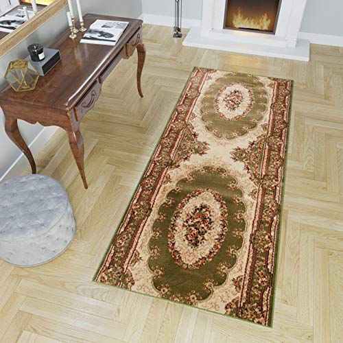 TAPISO Yesemek Teppich Läufer Flur Brücke Kurzflor Klassisch Floral Medaillon Traditionell Ornament Muster Grün Beige Korridor ÖKOTEX 80 x 150 cm von TAPISO