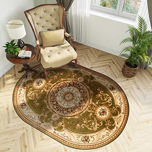 TAPISO Yesemek Teppich Oval Klassisch Gemustert Kurzflor Oriental Floral Ornament Grün Creme Bordüre Schlafzimmer Wohnzimmer ÖKOTEX 70 x 140 cm von TAPISO