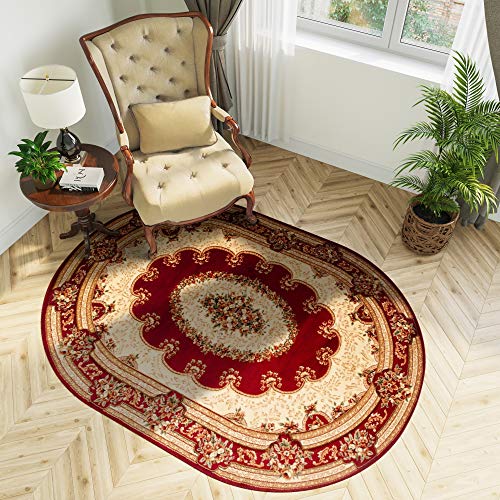 TAPISO Yesemek Teppich Oval Kurzflor Klassisch Gemustert Oriental Floral Ornament Rot Creme Bordüre Schlafzimmer Wohnzimmer ÖKOTEX 70 x 140 cm von TAPISO