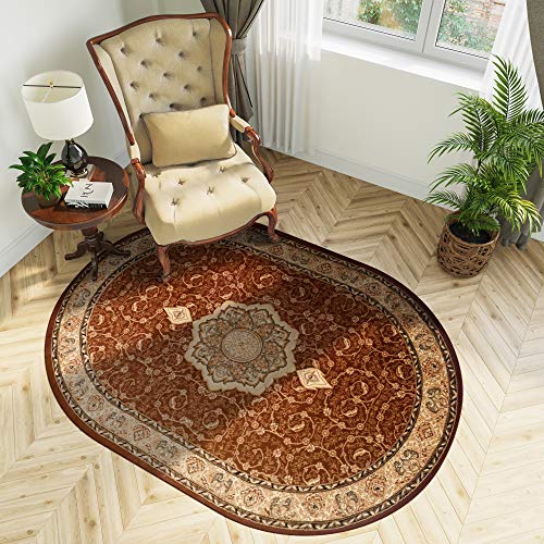 TAPISO Yesemek Teppich Oval Wohnzimmer Kurzflor Klassisch Gemustert Oriental Floral Ornament Braun Bordüre Design Schlafzimmer ÖKOTEX 70 x 140 cm von TAPISO