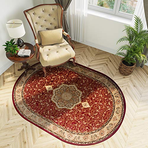 TAPISO Yesemek Teppich Oval Wohnzimmer Kurzflor Klassisch Gemustert Oriental Floral Ornament Rot Bordüre Design Schlafzimmer ÖKOTEX 60 x 100 cm von TAPISO