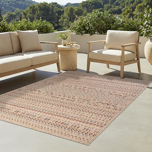 TAPISO Yucana Outdoor Teppich Wetterfest 140 x 200 cm Robust, Flachgewebe - Teppich Balkon, Terrasse, Garten - Moderne Design, Braun Beige Rot Pfeile Zeichen von TAPISO