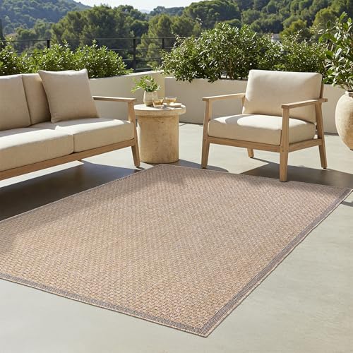 TAPISO Yucana Teppich Outdoor Flachgewebe Robust UV-beständig Wetterfest In-& Outdoor Teppich Balkon Terrasse Garten Küchenteppich Braun Grau Beige Rahmen Meliert Modern 120 x 170 cm von TAPISO