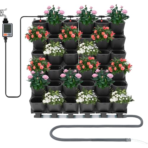 LCD Selbstbewässernde Pflanzenwand mit Timer - 12x 3-Loch-Blumentöpfe (36 Taschen) | Wandmontage Set mit Batteriebetrieb, 300ml Wasserspeicher & Schläuchen für Balkon Garten Terrasse | Schwarz PP Vert von TAPMING