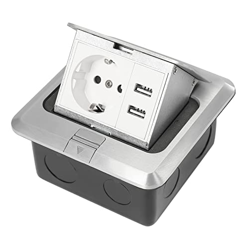 Multifunktions-Einbausteckdose 220-250V 10A/16A Pop-up Bodenbox Mit 2 USB Anschlüssen 5V 2.1A Wasserdicht Niveau IP44 3 Steckdosen Insgesamt Schwarz+Silber von TAPMING