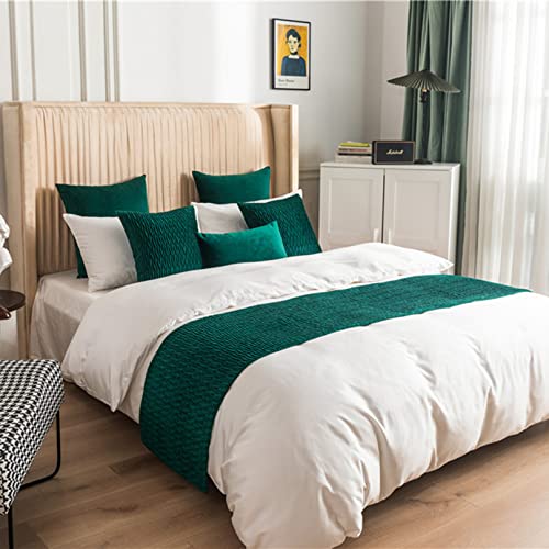 Grüner Bettschal für Fuß des Bettes, Samt-Bettläufer, plissiert, TextuGreen Bedding Cover Überwurf auf beiden Seiten Hotel-Bettmatte für Doppelbett/Einzelbett, 45 x 180 cm von TAREV