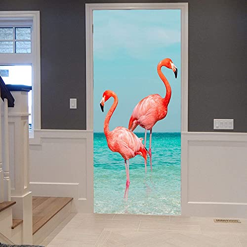 3D Flamingo-Cartoon-Tier Tür-Foto, Selbstklebender Türaufkleber, Poster, Tapete, Wandbild, Kunstwandaufkleber 80 X 200 Cm Für Wohnzimmer Schlafzimmer Badezimmer Küche Büro Pvc Abnehmbare Türdekoratio von TARUBE