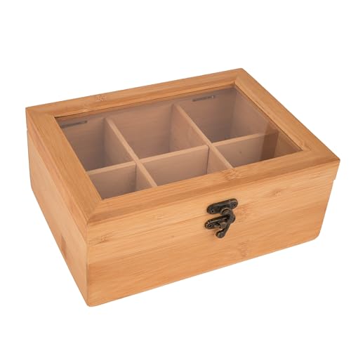 TARUNMO Tee Organizer Mit Klarem Acrylfenster, Box Für Teebeutel 6 Fächer,Tee Aufbewahrung Von Natural Bamboo,Teebeutel Box 22 * 16 * 9Cm (1-221609) von TARUNMO