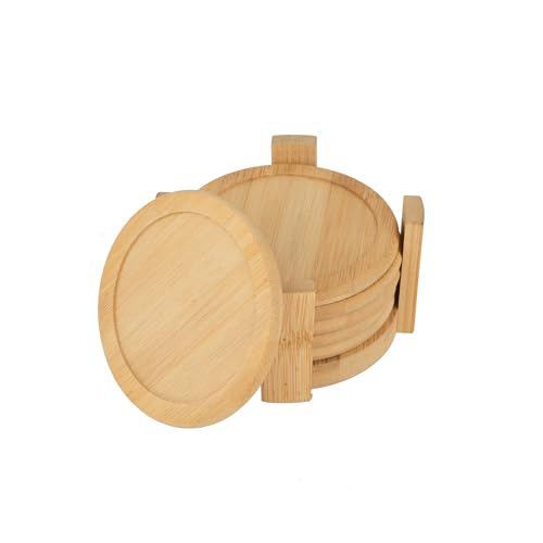 TARUNMO Untersetzer Holz Für Gläser, Bambus Untersetzer 6er Set, Holzuntersetzer Rund Mit Halter, Tassenuntersetzer & Glasuntersetzer Holz, Getränkeuntersetzer für Tischschutz von TARUNMO