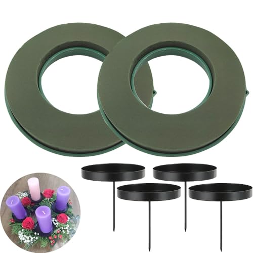 2 Adventskranz Steckschaum für Blumen,25cm Steckmasse, 4er Kerzenhalter Adventskranz Metall,8cm, Schwarz Kerzenständer, Adventskranz Deko Kerzenteller von TASHELLS