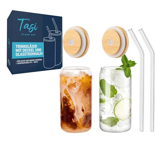 TaSi Trinkgläser mit Deckel und Glasstrohhalm 480ml (2er-Set) Nachhaltige Gläser für Iced Coffee, Proteinshake & Cocktails Wiederverwendbar & Elegant von TaSi