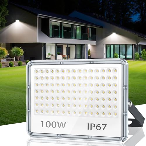 TASINUO LED Strahler Außen 100W, IP67 Wasserfest Fluter Flutlicht, 10000LM 6500K Kaltweiß Superhell LED Scheinwerfer Aussenstrahler für Lager, Garten, Garage, Hof, Parkplatz von TASINUO