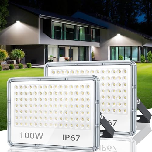 TASINUO LED Strahler Außen 100W 2 Stück, IP67 Wasserfest Fluter Flutlicht, 10000LM 6500K Kaltweiß Superhell LED Scheinwerfer Aussenstrahler für Lager, Garten, Garage, Hof, Parkplatz von TASINUO