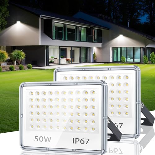 TASINUO LED Strahler Außen 50W 2 Stück, IP67 Wasserfest LED Fluter Flutlicht, 5000LM 6500K Kaltweiß Superhell Scheiwerfer Aussenstrahler für Lager, Garten, Garage, Hof, Terrasse von TASINUO