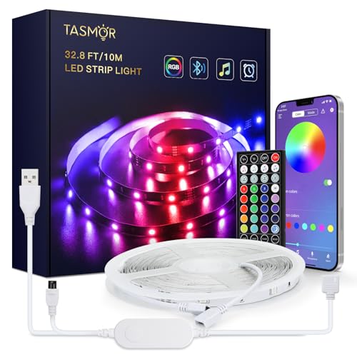 TASMOR USB LED Streifen 10M, Dimmbar 5050 RGB Strip Steuerbar via App, Fernbedienung, Timermodus, 16 Millionen Farben Band, 5V Lights Sync Mit Musik Leiste für Party von TASMOR