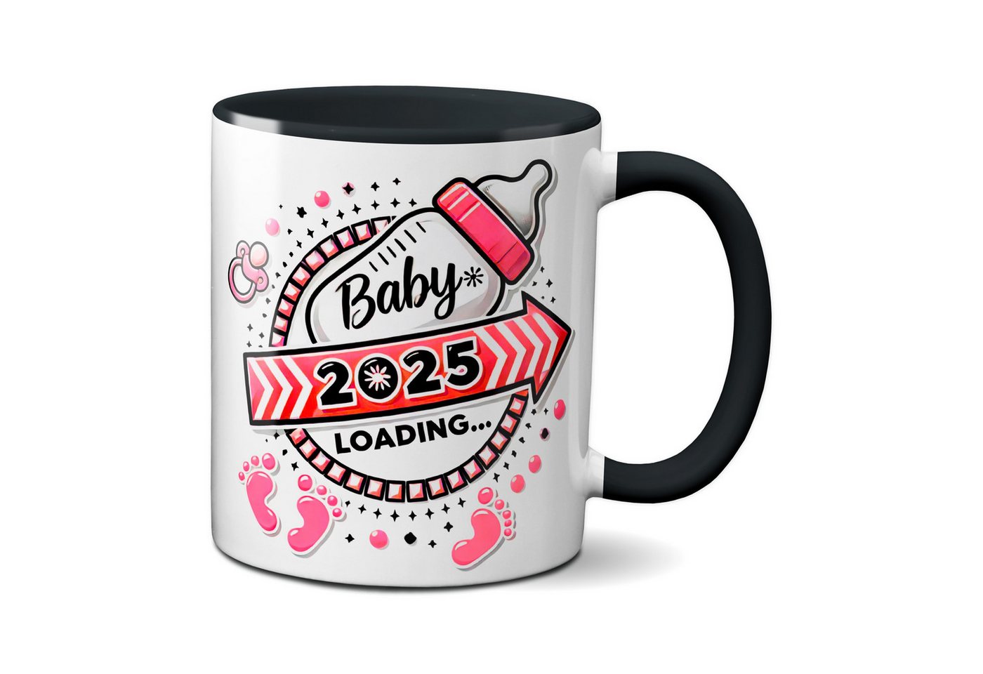 TASSENKING Tasse, Baby Loading 2025 - Motiv rot - schwarze Tasse (Girl, Mädchen) von TASSENKING
