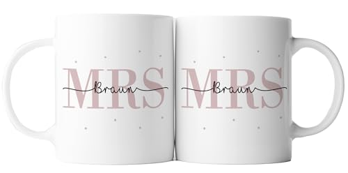 2er Set Tasse Mrs + Mrs | Keramik | Hochzeitstag | Jahrestag | Ehe | Paar | Verlobung | Hochzeit | Geschenk | personalisiert | Frauen (MRS & MRS - Weiß) von TASSENPALAST
