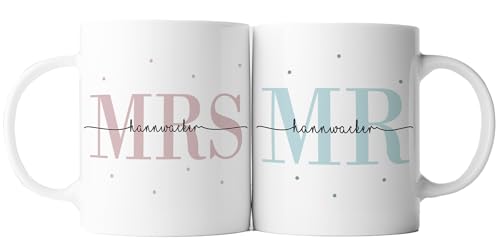 2er Set Tasse Mr + Mrs | Keramik | Hochzeitstag | Jahrestag | Ehe | Paar | Verlobung | Hochzeit | Geschenk | personalisiert (MR & MRS - Weiß) von TASSENPALAST