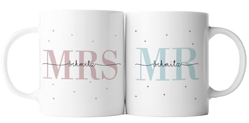 TASSENPALAST 2er Set Tasse Mr + Mrs | Keramik | Hochzeitstag | Jahrestag | Ehe | Paar | Verlobung | Hochzeit | Geschenk | personalisiert (MR & MRS - Weiß) von TASSENPALAST