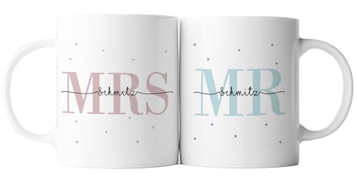 2er Set Tasse Mr + Mrs | Keramik | Hochzeitstag | Jahrestag | Ehe | Paar | Verlobung | Hochzeit | Geschenk | personalisiert (MR & MRS - Weiß) von TASSENPALAST