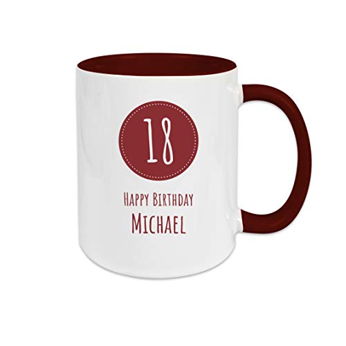 Personalisierte Kaffee Tasse mit eigenem Wunschnamen zum runden Geburtstag | Volljährig | Keramik | Bordeaux - 18. Geburtstag von TASSENPALAST